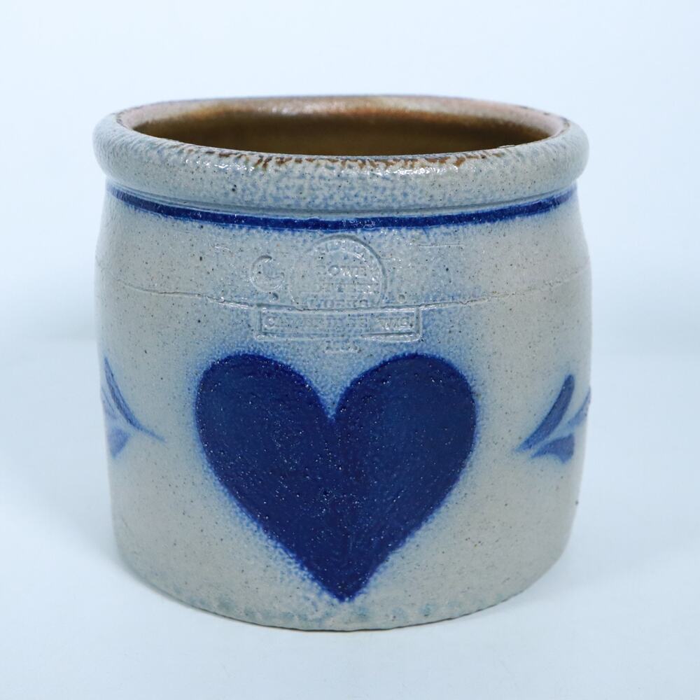 VTG Rowe Pottery Works 1985 Cobalt Heart Crock Salt Glaze Stoneware 5 1/2